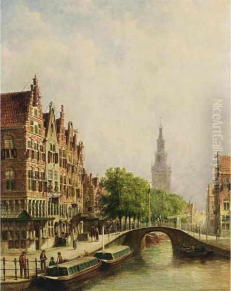 A View Of A Canal With The Westerkerk In The Background, Amsterdam Oil Painting by Pieter Gerard Vertin