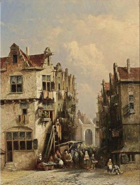 A Busy Street In A Dutch Town Oil Painting by Pieter Gerard Vertin