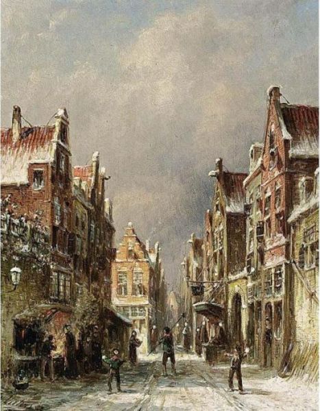 A Snowy Street Scene Oil Painting by Pieter Gerard Vertin