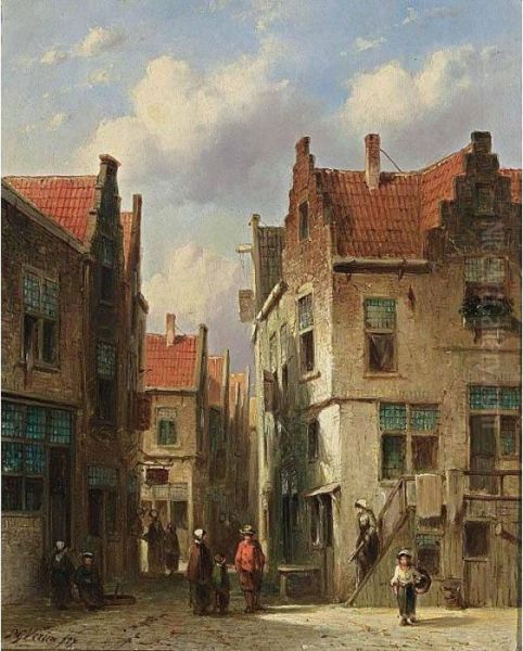 Villagers In The Streets Of A Dutch Town Oil Painting by Pieter Gerard Vertin