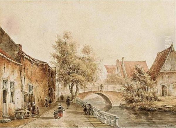 Figures By A Canal In A Dutch Town Oil Painting by Pieter Gerard Vertin