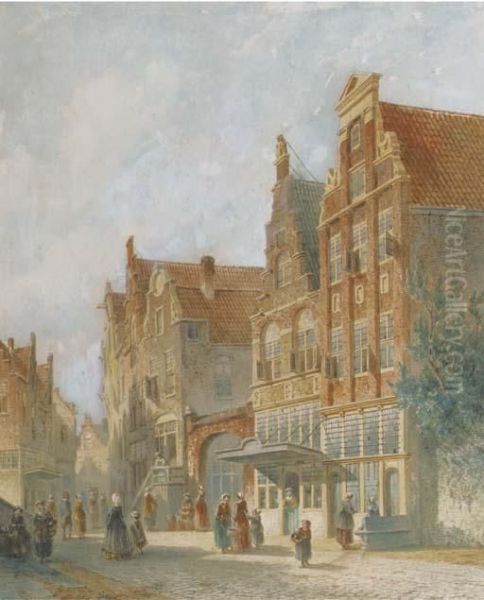 A Cityscene With Figures Conversing Oil Painting by Pieter Gerard Vertin