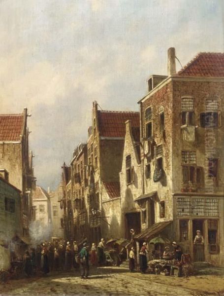 A Busy Market Street Oil Painting by Pieter Gerard Vertin