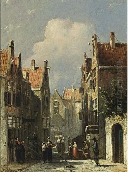 Villagers In The Streets Of A Dutch Town Oil Painting by Pieter Gerard Vertin