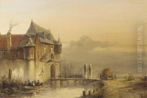 Infantrists On A Bridge Entering A Castle Oil Painting by Pieter Gerard Vertin