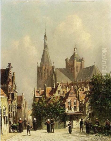 Villagers In The Streets Of A Dutch Town Oil Painting by Pieter Gerard Vertin