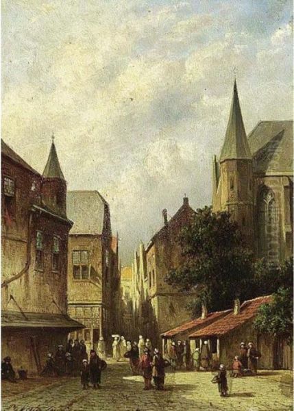 A Village Scene With A Church In The Background Oil Painting by Pieter Gerard Vertin