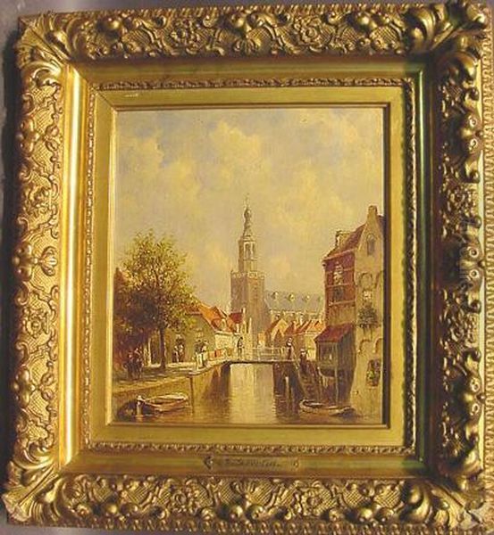 Figures On A Canal, Gouda, Holland Oil Painting by Pieter Gerard Vertin