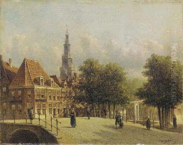 Townsfolk Strolling On A Bridge With A Churchtower In The Distance Oil Painting by Pieter Gerard Vertin