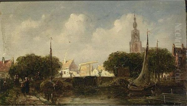 A Sunlit Dutch Town Oil Painting by Pieter Gerard Vertin