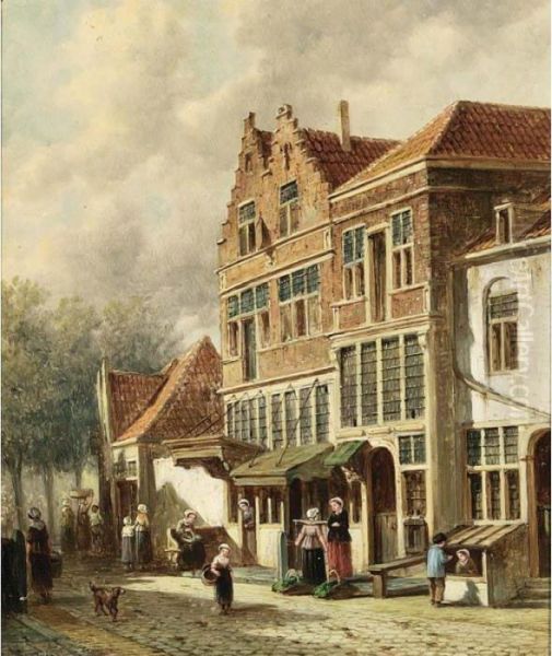 Villagers In The Streets Of A Dutch Town Oil Painting by Pieter Gerard Vertin