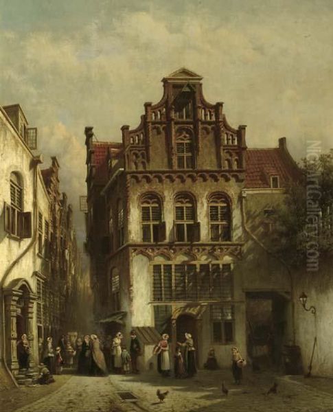 A Townscene With Figures Conversing Oil Painting by Pieter Gerard Vertin