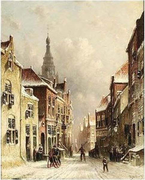 A Snowy Street With A Church In The Background Oil Painting by Pieter Gerard Vertin