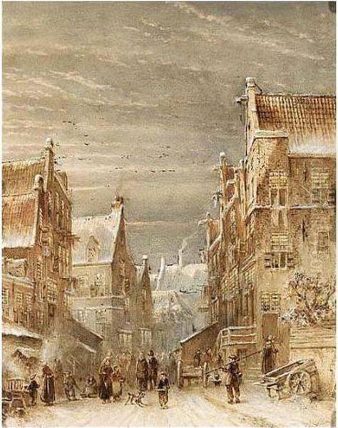 A Snowy Street In A Dutch Town Oil Painting by Pieter Gerard Vertin