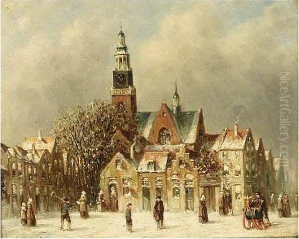 A Town Scene In Winter, Maassluis Oil Painting by Pieter Gerard Vertin