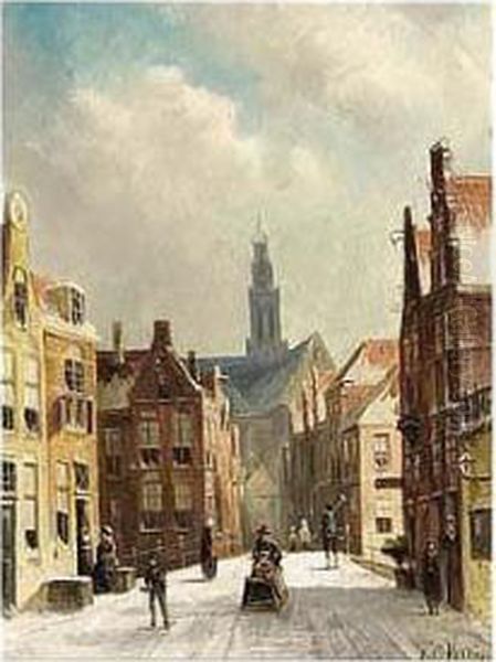 A Snowy Street In A Dutch Town Oil Painting by Pieter Gerard Vertin