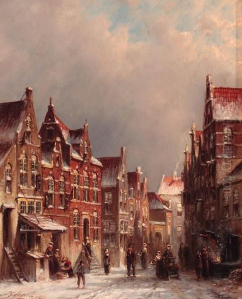 Jodenhoek, Amsterdam: A Snow Covered Street In The Jewish Quarter, Amsterdam Oil Painting by Pieter Gerard Vertin