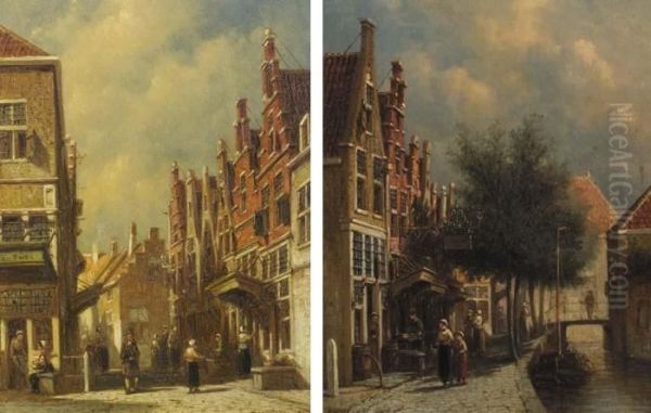 Numerous Figures In A Street; A View Of A Canal In A City Oil Painting by Pieter Gerard Vertin