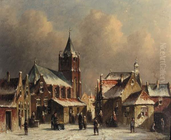 Townsfolk Conversing On A Snow-covered Square In A City Oil Painting by Pieter Gerard Vertin