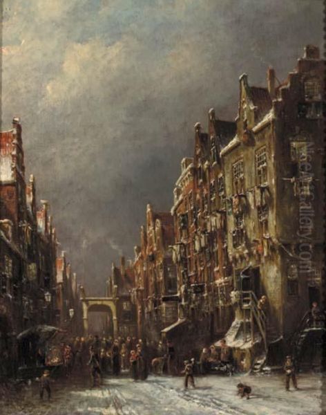 A Busy Market In Winter Oil Painting by Pieter Gerard Vertin