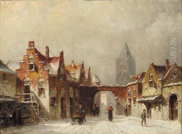 Busy Street In A Town In Winter; Figures On A Townsquare Insummer Oil Painting by Pieter Gerard Vertin