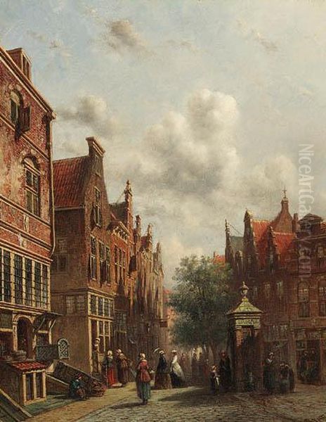 Townsfolk And Elegant Figures On A Square Oil Painting by Pieter Gerard Vertin