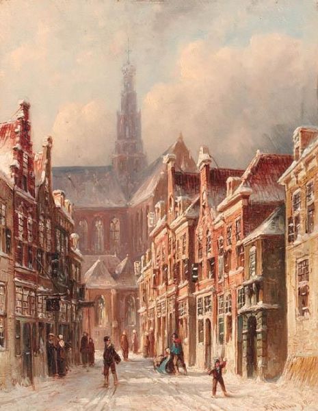 A Snowy Street With The St. Bavo Beyond, Haarlem Oil Painting by Pieter Gerard Vertin