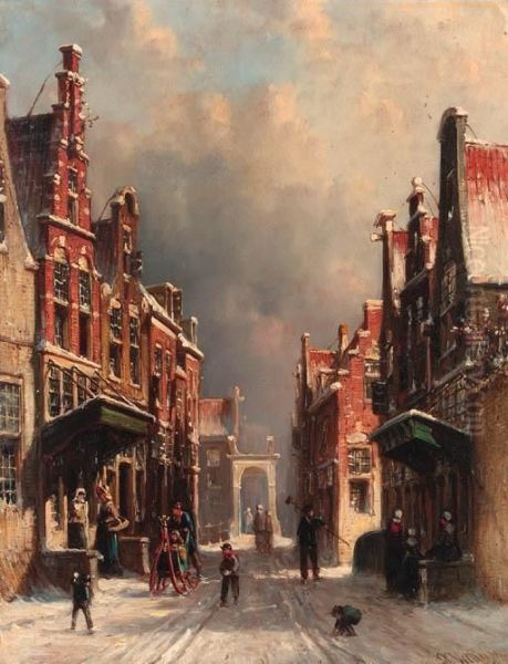 A Town View In Winter With Figures Conversing On Porches Andchildren Throwing Snowballs Oil Painting by Pieter Gerard Vertin