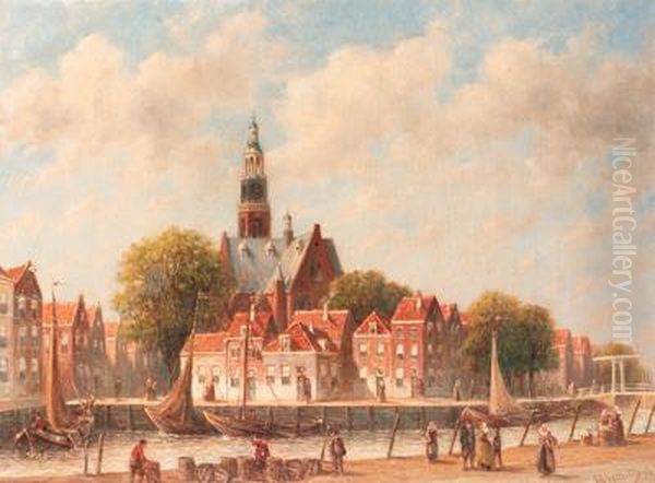 A View Of The Schans, Maassluis, With The Grote Kerk Beyond Oil Painting by Pieter Gerard Vertin