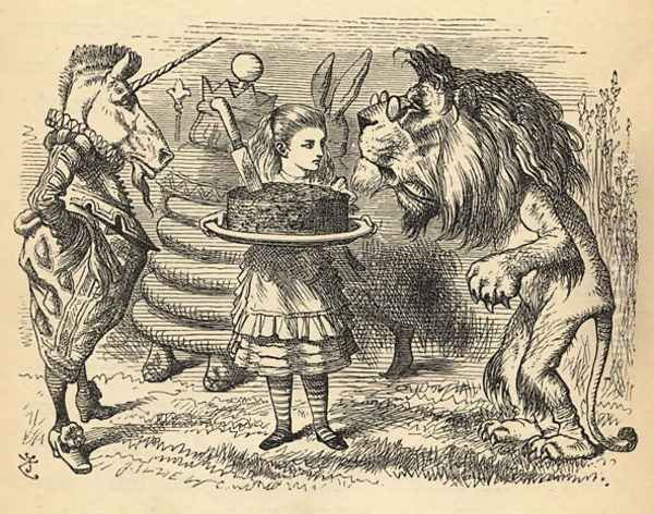 The sharing of the cake between the Lion and the Unicorn, illustration from Through the Looking Glass by Lewis Carroll 1832-98 first published 1871 Oil Painting by John Tenniel