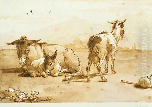 PD.32-1959 Two Donkeys and a Goat in a Landscape Oil Painting by Giovanni Domenico Tiepolo