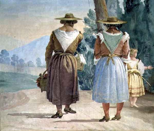 Two Peasant Women and a Child Seen from Behind, from the Foresteria Guesthouse 1757 Oil Painting by Giovanni Domenico Tiepolo