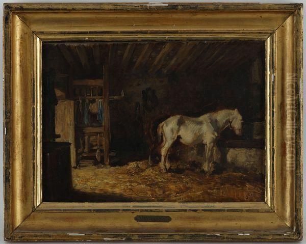 Chevaux A L'ecurie Oil Painting by Jules Jacques Veyrassat