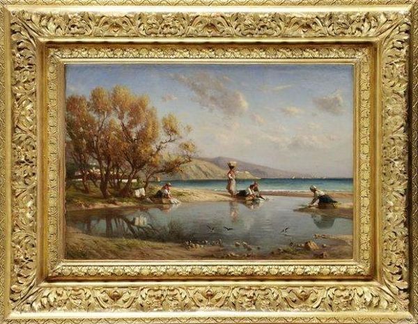 Les Laveuses En Bord De Mer Oil Painting by Jules Jacques Veyrassat