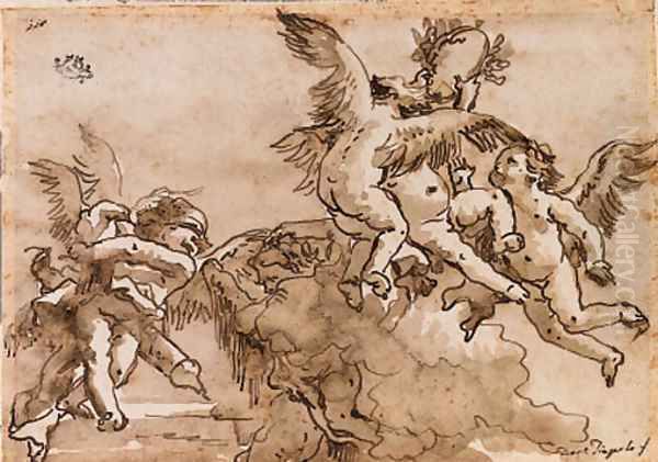 Blindfolded Cupid and flying putti playing with a laurel crown Oil Painting by Giovanni Domenico Tiepolo