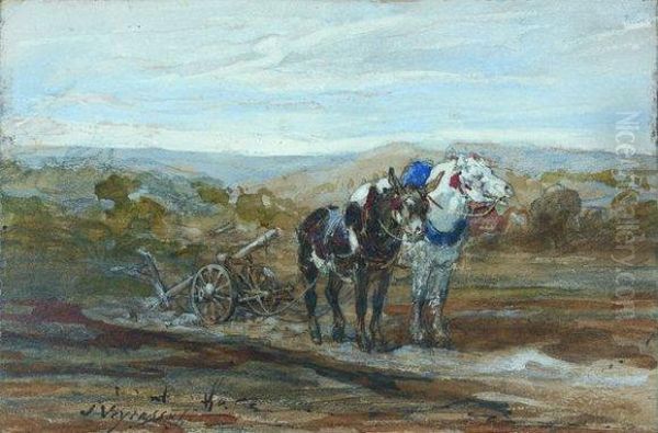 Deux Chevaux De Labour Tirant Une Charrue. Oil Painting by Jules Jacques Veyrassat