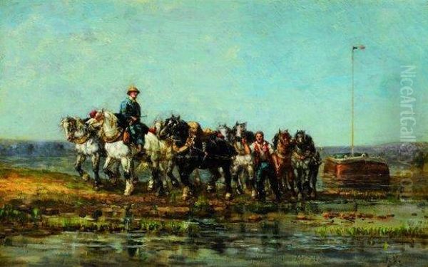 Chevaux Au Bord De L'etang Oil Painting by Jules Jacques Veyrassat