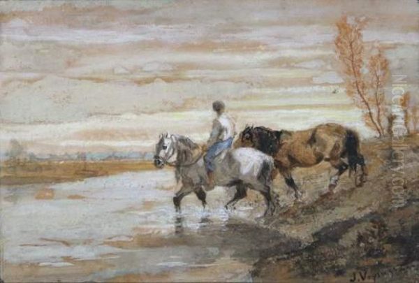 Cavalier Traversant Une Riviere Oil Painting by Jules Jacques Veyrassat