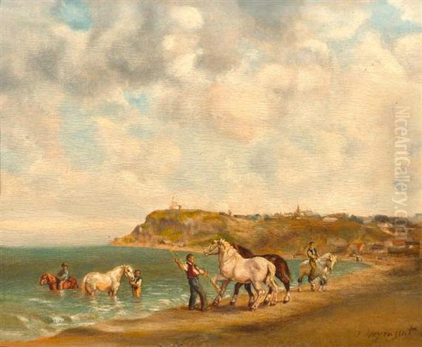 Horsekeepers On The Beach Oil Painting by Jules Jacques Veyrassat