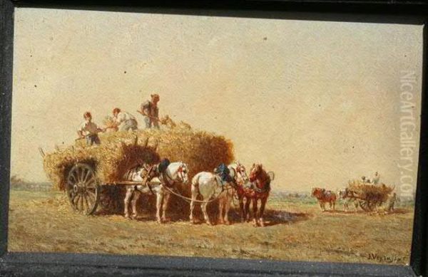 Hommes Et Chevaux Lors De La Moisson Oil Painting by Jules Jacques Veyrassat