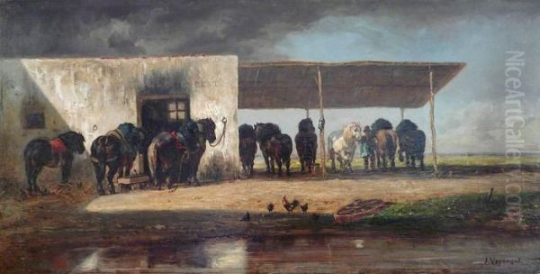 Chevaux Au Relais Oil Painting by Jules Jacques Veyrassat