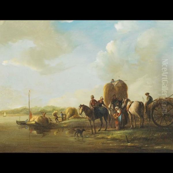 Shoreline Scene With Hay Barges And Farm Wagons Oil Painting by Jules Jacques Veyrassat