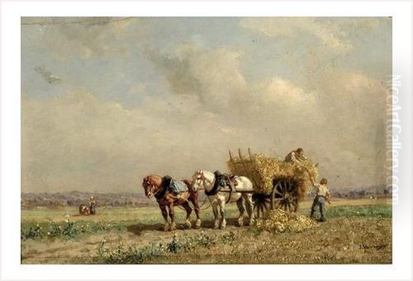 Chevaux Et Charette De Foin Oil Painting by Jules Jacques Veyrassat