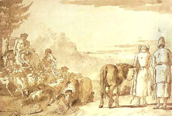 A pastoral scene with two shepherds tending their flock and a peasant couple leading a donkey Oil Painting by Giovanni Domenico Tiepolo