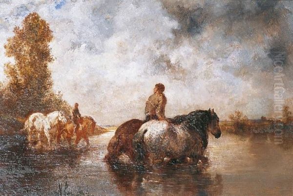 Chevaux Traversant La Riviere Oil Painting by Jules Jacques Veyrassat