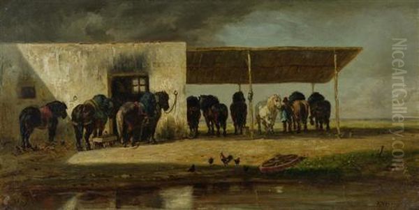 Pferdestall. 1867. Oil Painting by Jules Jacques Veyrassat