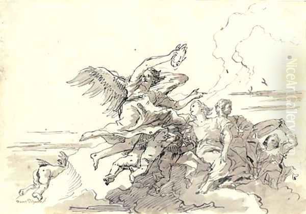 An angel with a victor's crown in the clouds, putti, a young couple and another figure offering a dish Oil Painting by Giovanni Domenico Tiepolo