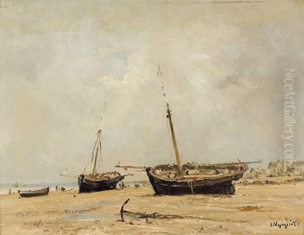 Bateaux Sur La Plage A Maree Basse Oil Painting by Jules Jacques Veyrassat