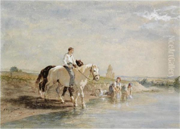 A Horse Rider Crossing The River On Laundry Day Oil Painting by Jules Jacques Veyrassat