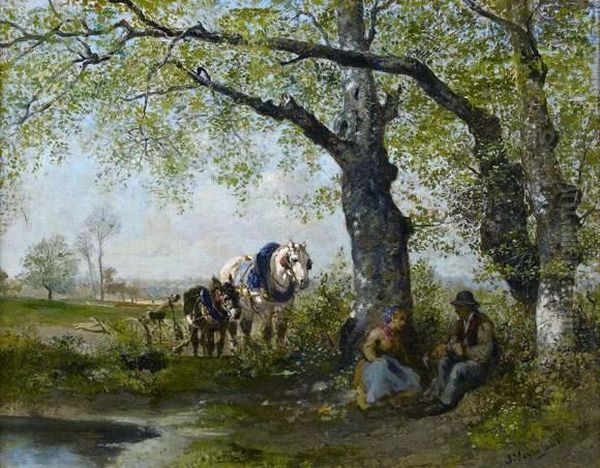 Paysans Et Chevaux Dans Un Paysage Oil Painting by Jules Jacques Veyrassat